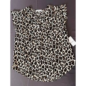 NWT CHAUS‎ Leopard Print Ruffle Sleeve V Neck Blouse Top Women's Size Large L XL